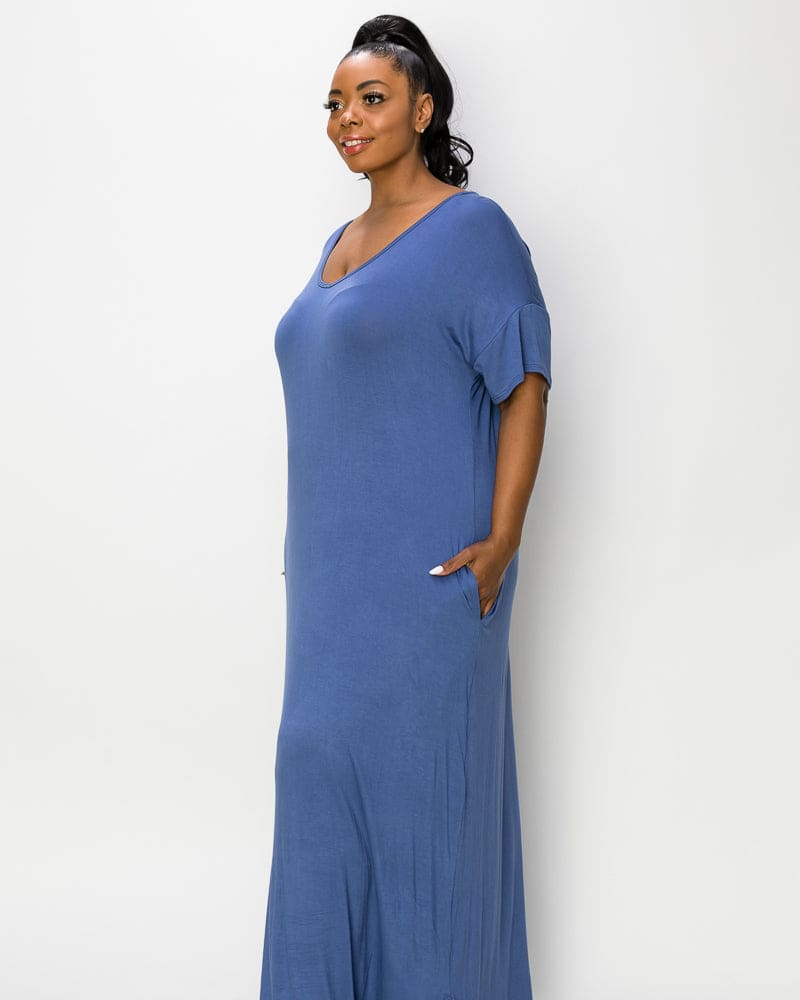 Front of a model wearing a size 1X Scarlett Maxi Dress in Denim Blue by L I V D. | dia_product_style_image_id:241863